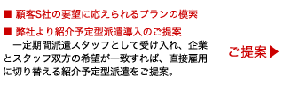 ■ 顧客S社の要望に応えられるプランの模索 ■ 弊社より紹介予定型派遣導入のご提案 ー定期間派遣スタッフとして受け入れ、企業とスタッフ双方の希望が一致すれば、直接雇用 に切り替える紹介予定型派遣をご提案。