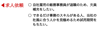 ○ 自社雇用の総務事務員が退職のため、欠員補充をしたい。 ○ できるだけ事務のスキルがある人、当社の社風に合う人かを見極めるため試用期間をもちたい。